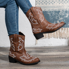 Women's Retro Embroidered Cowboy Mid Calf Boots