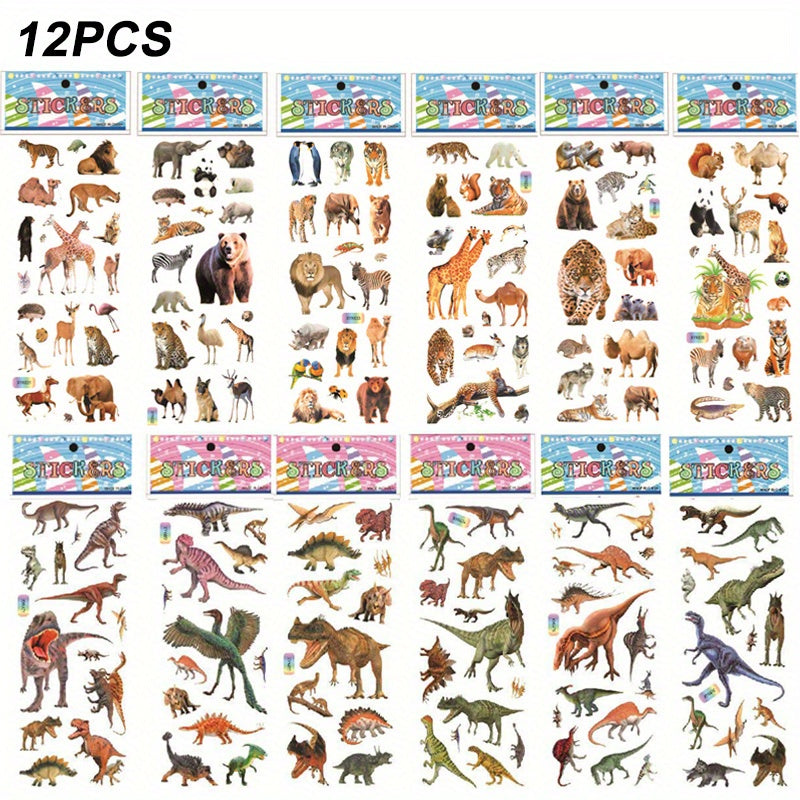 12 Sheets 3D Dinosaur Stickers for Kids - Waterproof DIY Skateboard Wall Decor