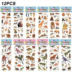 12 Sheets 3D Dinosaur Stickers for Kids - Waterproof DIY Skateboard Wall Decor