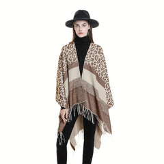 Leopard Print Striped Shawl Warm Windproof Fringed Shawl Wrap