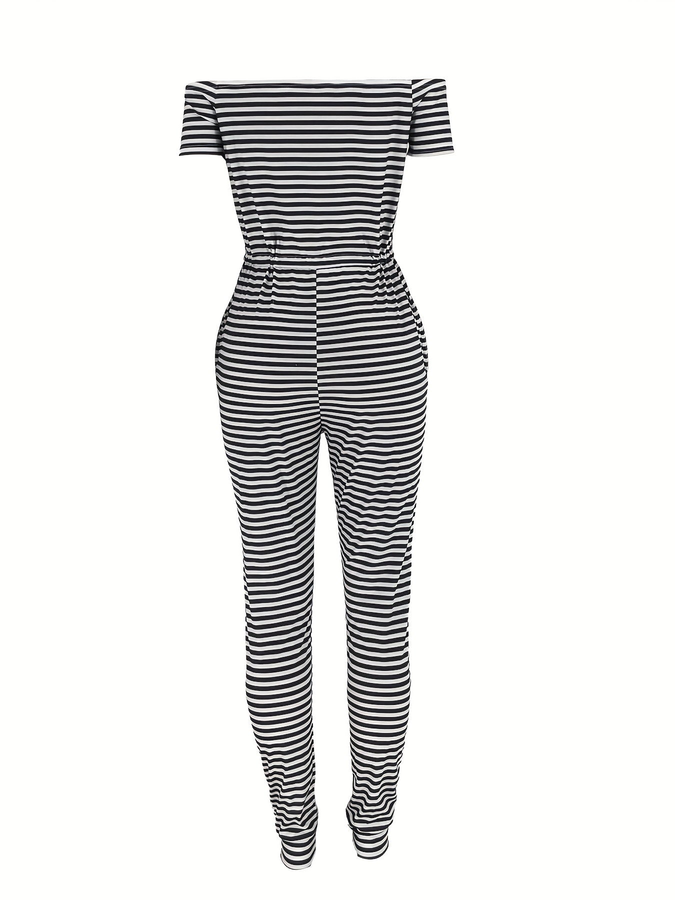 Off Shoulder Drawstring Jumpsuit Casual Short Sleeve Slim Jumpsuit