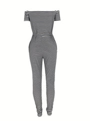 Off Shoulder Drawstring Jumpsuit Casual Short Sleeve Slim Jumpsuit