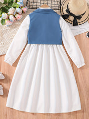 Girl's 2pcs Long Sleeve Dress & Lapel Vest Set for Spring Autumn Summer