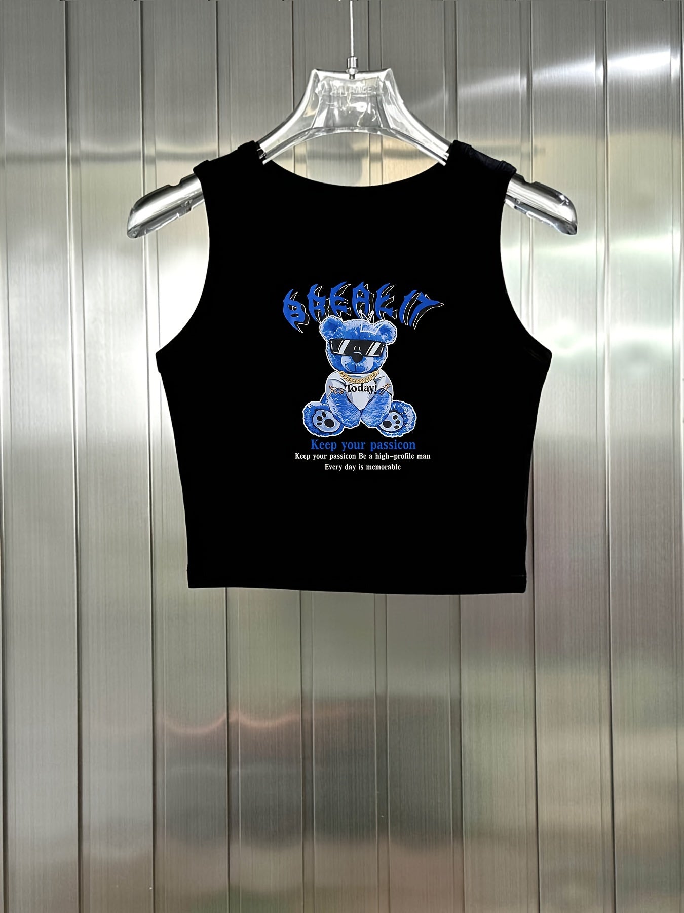 Bear Print Y2K Crop Tank Top Sleeveless Crew Neck Casual Top