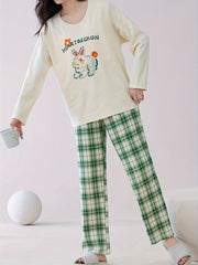 Bunny Print Pajama Set Long Sleeve Crew Neck & Plaid Pants