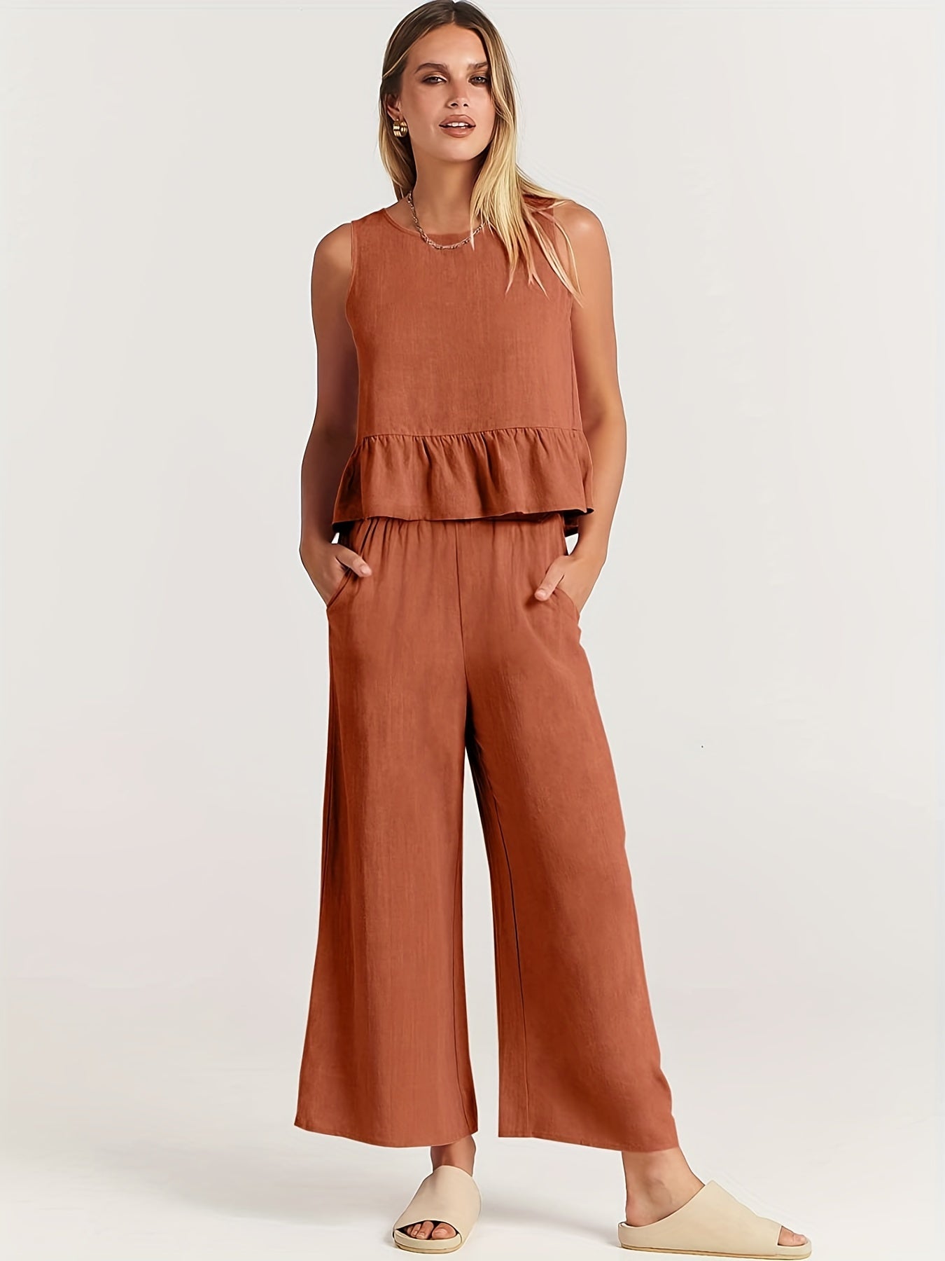 Plus Solid Button Decor Ruffle Trim Tank Top & Wide Leg Pants Set