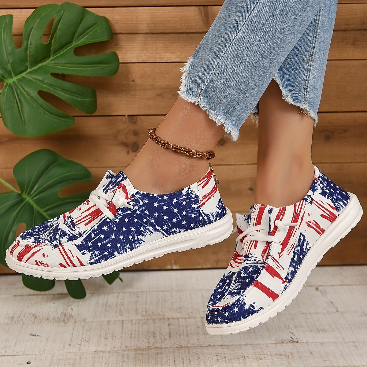 Women's Star Pattern Canvas Shoes Casual Lace Up Flat Loafers Lightweight
