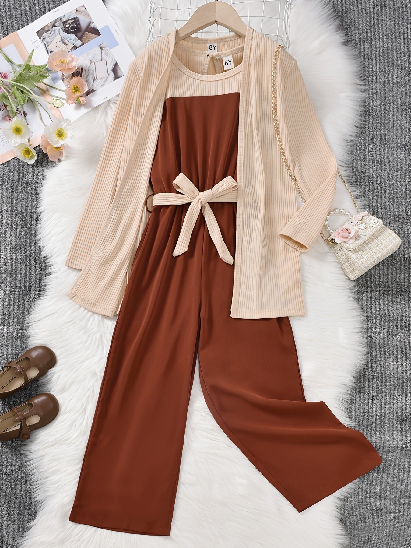 3pcs Girls Cotton Coat & Brown Jumpsuit Set with Bow Belt