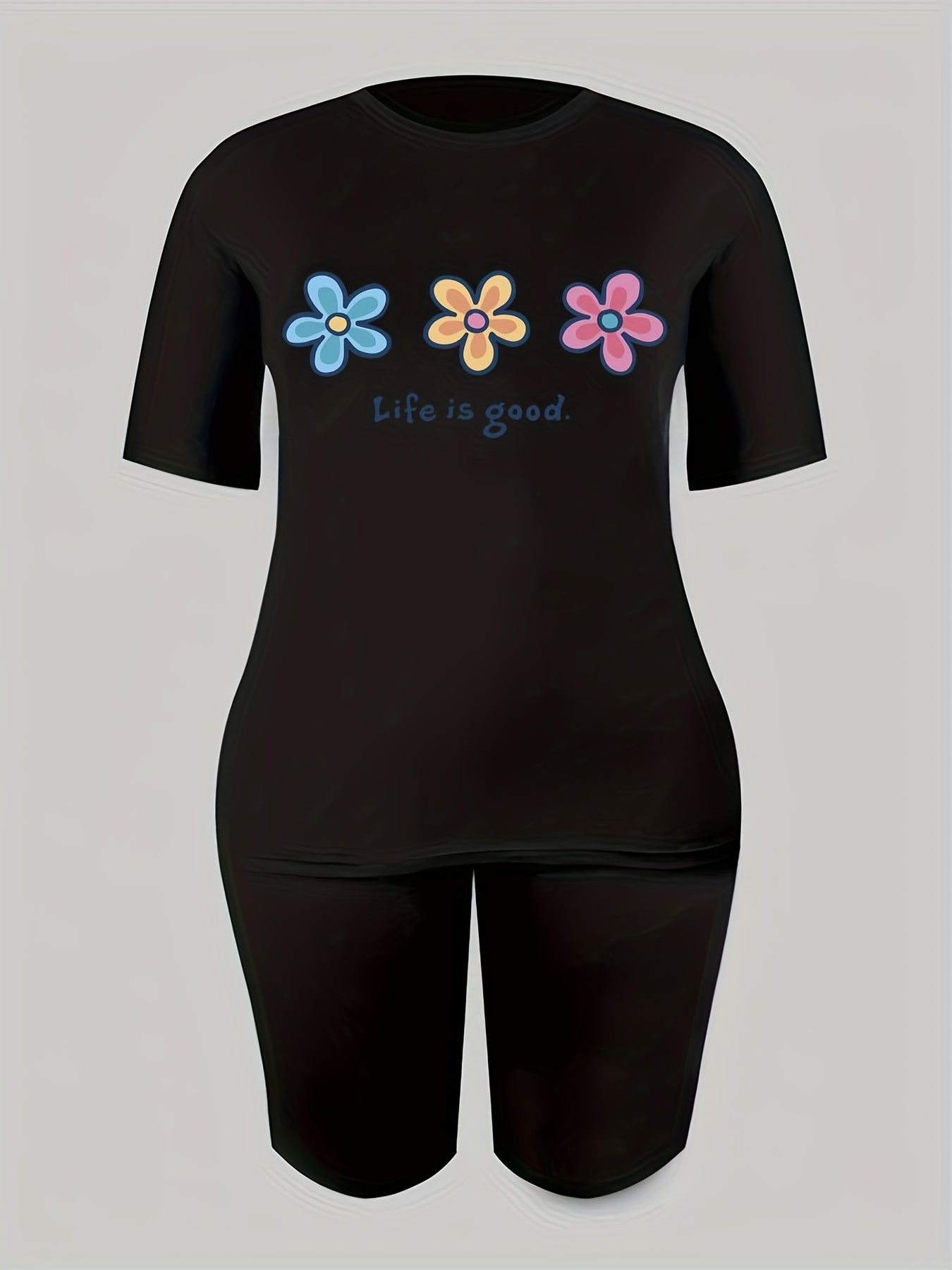 2pcs Flower Graphic Short Sleeve T shirts & Shorts Women's Activewear