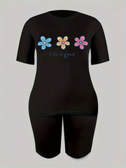 2pcs Flower Graphic Short Sleeve T shirts & Shorts Women's Activewear