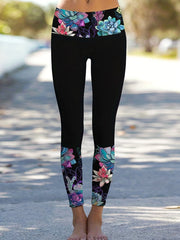 Colorblock Lotus Print Skinny Leggings
