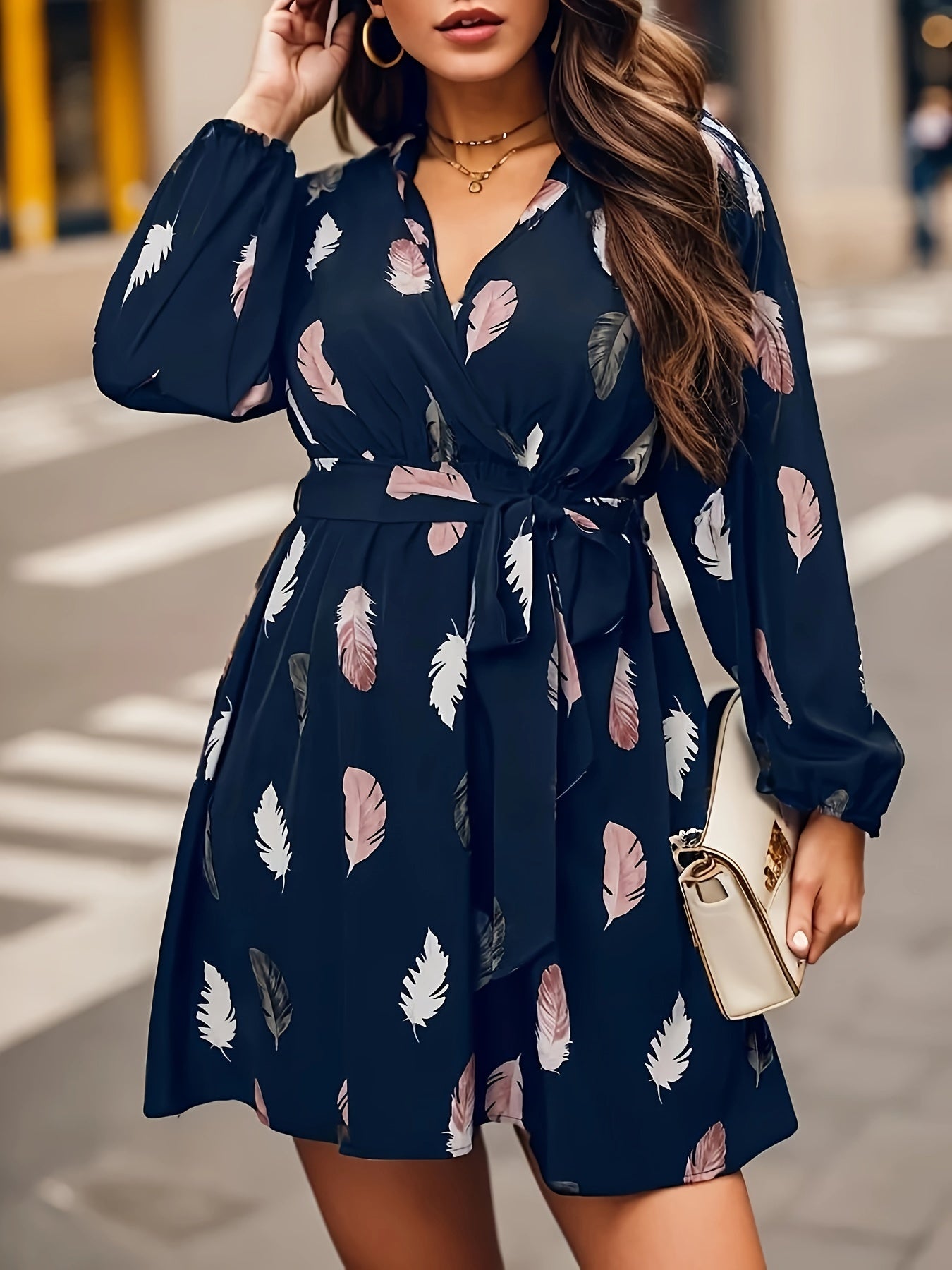 Women's Plus Feather Print Long Sleeve Surplice Neck Mini Dress With Belt