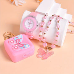 Girls Butterfly & Floral Quartz Watch Silicone Bracelet Set