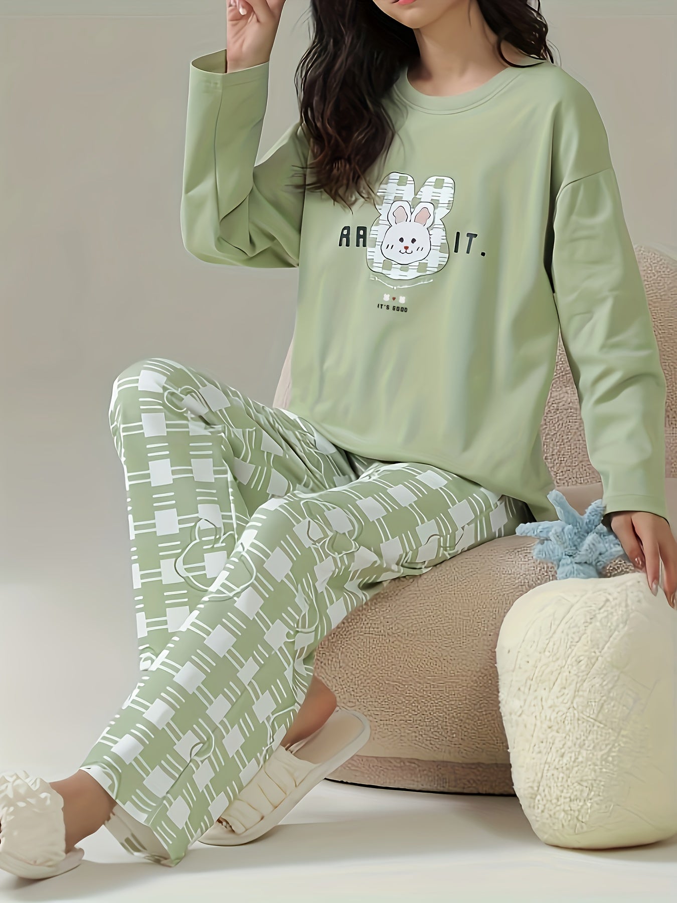 Bunny Print Pajama Set Long Sleeve Top & Plaid Pants