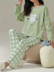 Bunny Print Pajama Set Long Sleeve Top & Plaid Pants