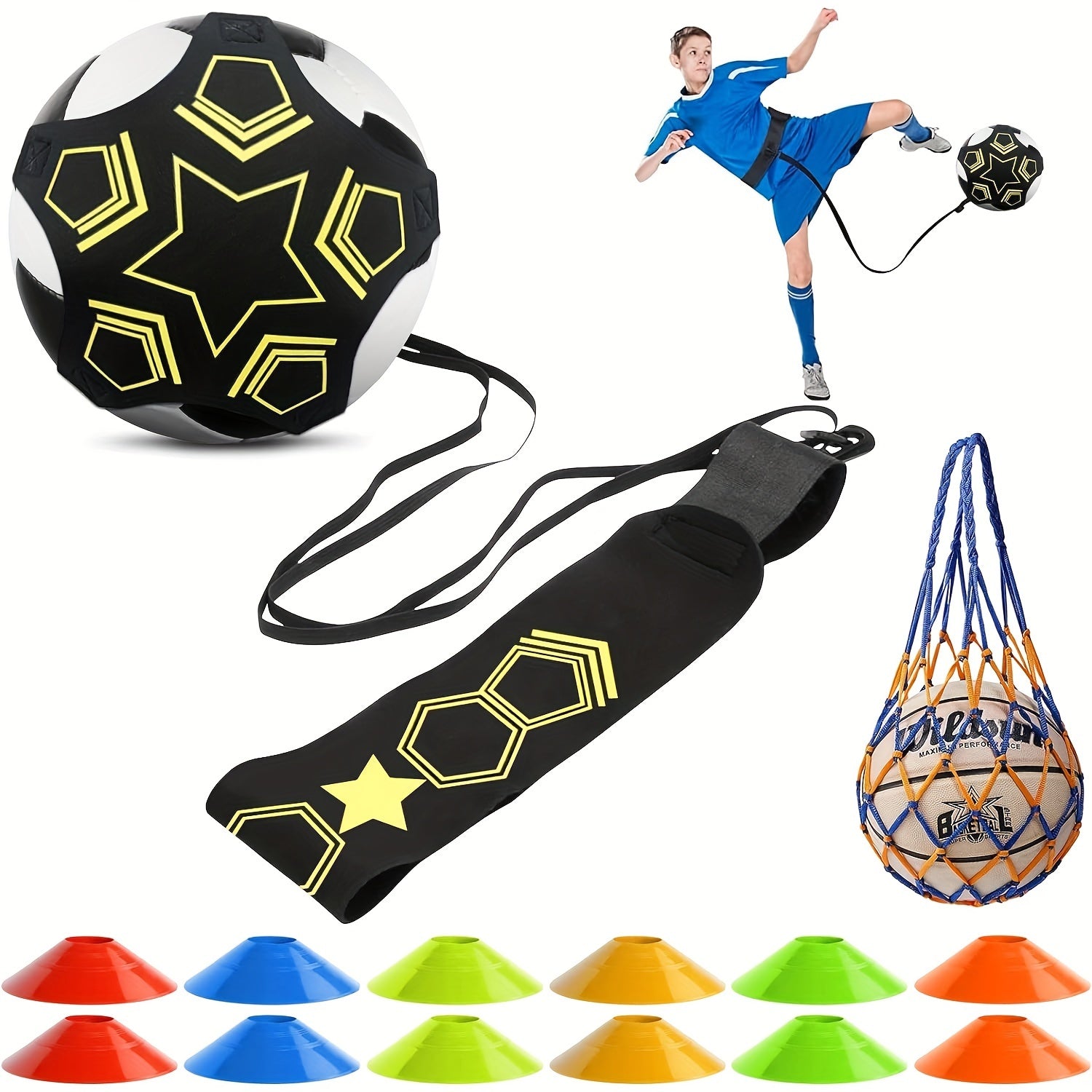 14pcs Football Training Set w/12 Marking Cones, 1 Ball Bag for Solo Training
