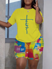 Cross Print Tee & Shorts Set Casual 2pcs Outfits Women's Clothing