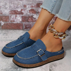 Women's Denim Cork Mules Closed Toe Canvas Flat Shoes