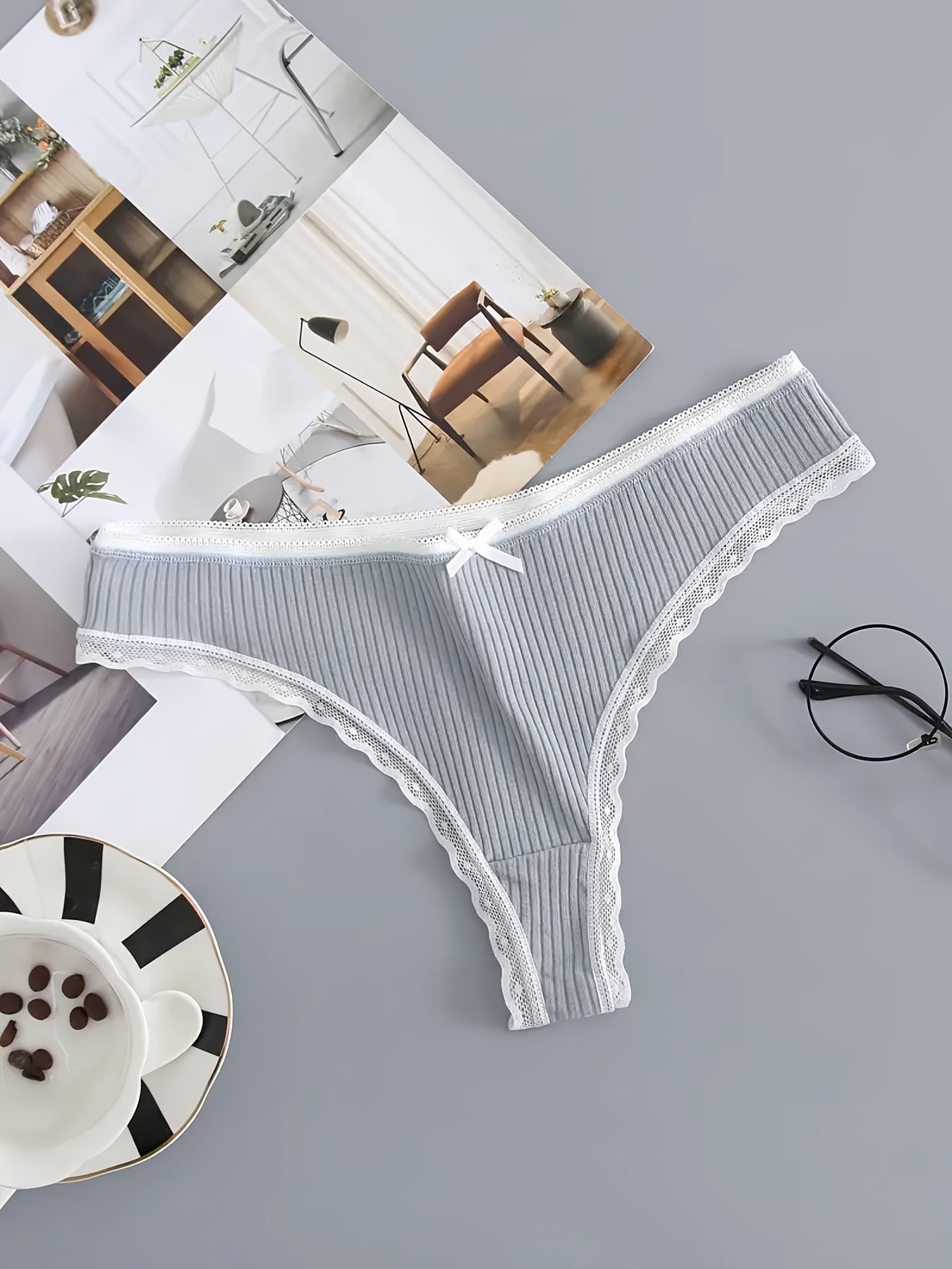 5pcs Lace Trim Ribbed Thongs Soft & Comfy Intimates Panties Women's Lingerie