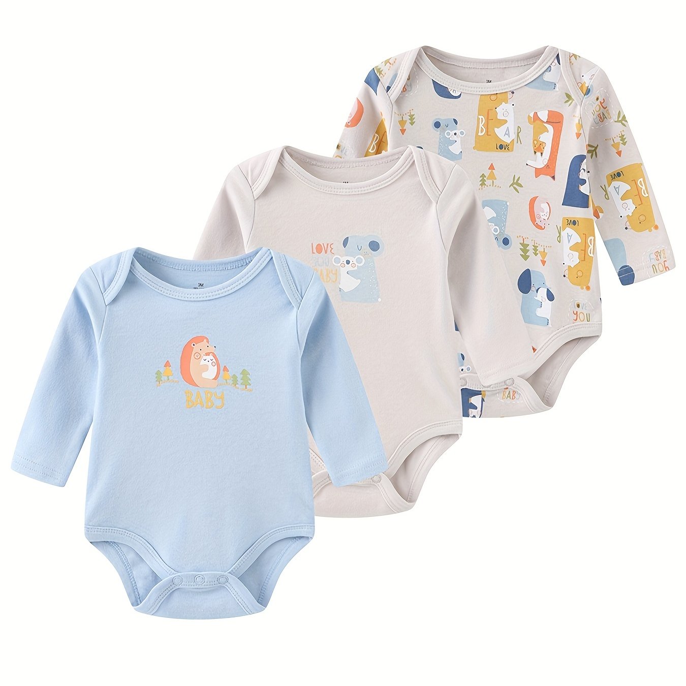 3 Pcs Baby Boys Bodysuits Long Sleeve Cotton 0-12M Jumpsuits