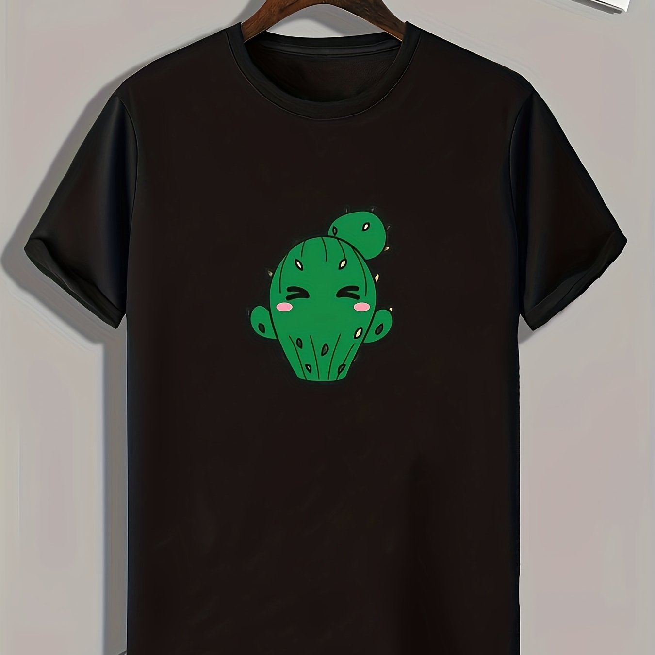 Cartoon Cactus Print Men's Comfy T-shirt for Outdoor Summer