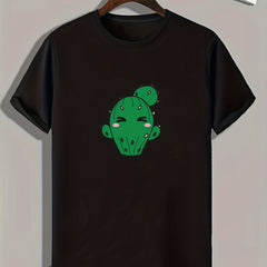 Cartoon Cactus Print Men's Comfy T-shirt for Outdoor Summer