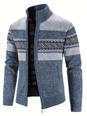 Geometric Pattern Stand Collar Cardigan Men's Zip Up Jacket