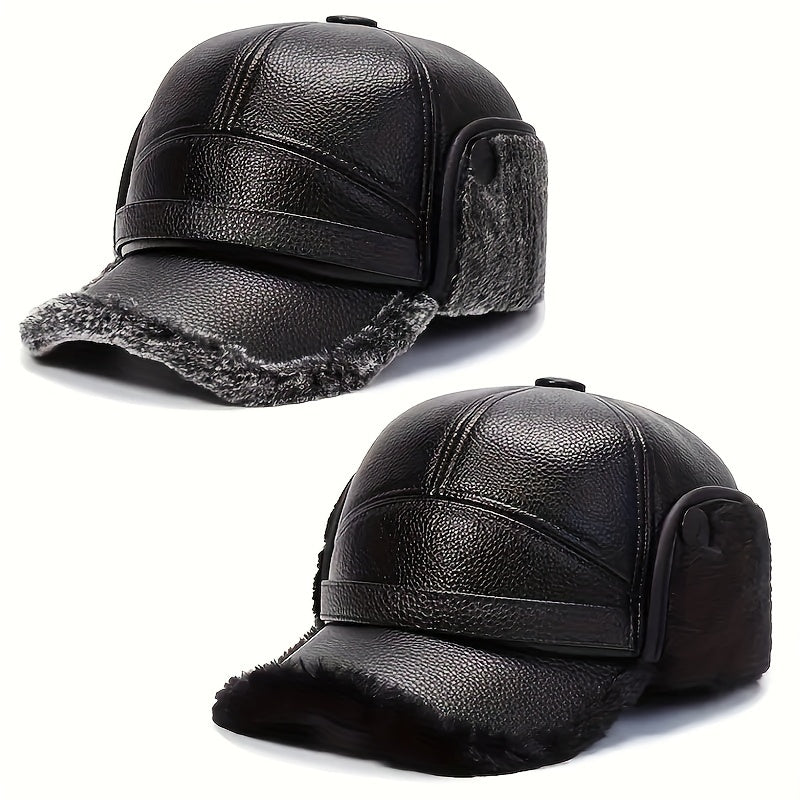 Men's Winter Plush Warm Leather Baseball Cap With Earflaps