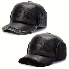 Men's Winter Plush Warm Leather Baseball Cap With Earflaps
