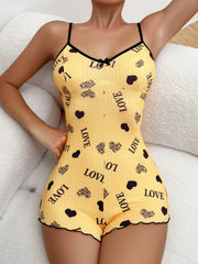 Heart & Letter Print Pajama Romper V Neck Backless Lingerie & Sleepwear