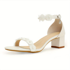 Chunky Heel Sandals Flower & Faux Pearl Ankle Strap Shoes