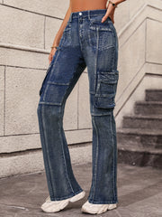 Flap Pockets Cargo Pants High Waist High Stretch Y2K Style Pintuck Jeans
