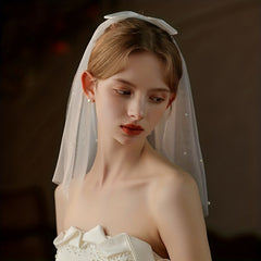 Vintage Mesh Head Veil with Comb Faux Pearl Bridal Wedding Hair Accessory