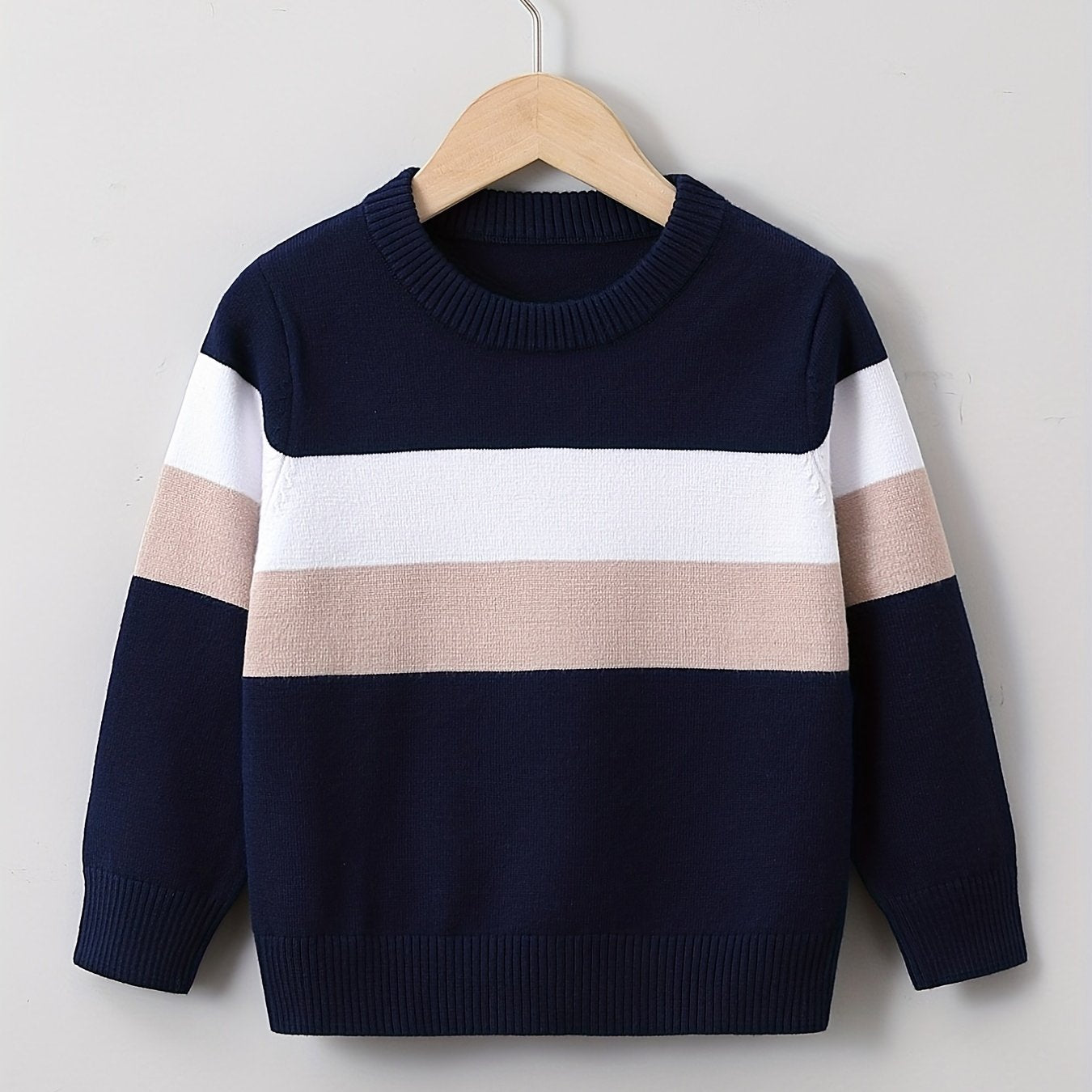 Boys Block Sweater Round Neck Long Sleeve Knit Pullover Top