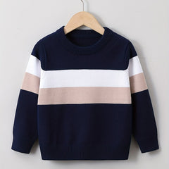 Boys Block Sweater Round Neck Long Sleeve Knit Pullover Top