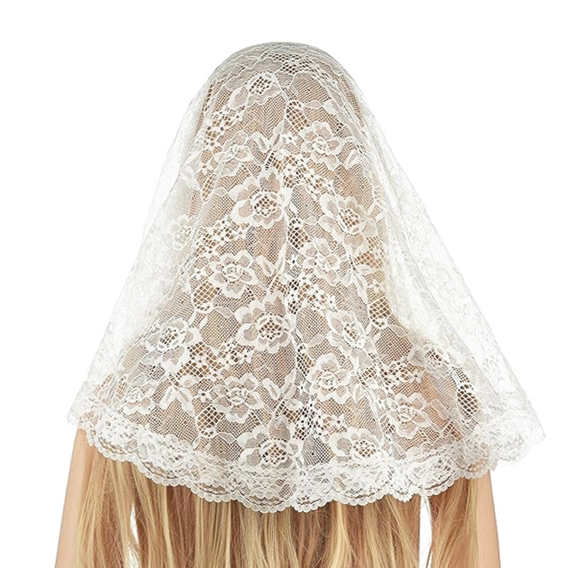 Short Lace Bridal Mantilla Veil Floral Head Covering Soft Tulle Fabric