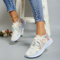 Women's Breathable Sock Sneakers Floral & Butterfly Print Lace Up Running Shoes