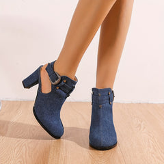 Metal Beads Block Heel Denim Ankle Boots