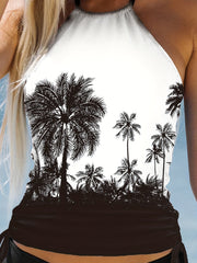 Coconut Tree Print Tankini Sets Halter Round Neck Drawstring Tie Side Swimsuit