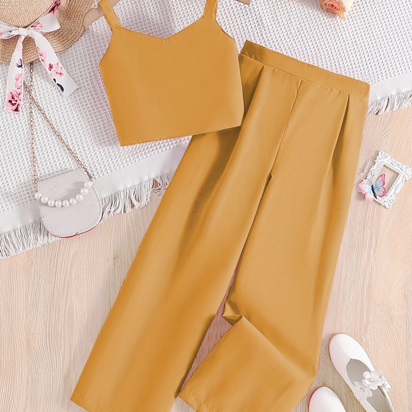 2 Pcs Girls' Cropped Cami Shirt & High Waist Trousers Set For Party