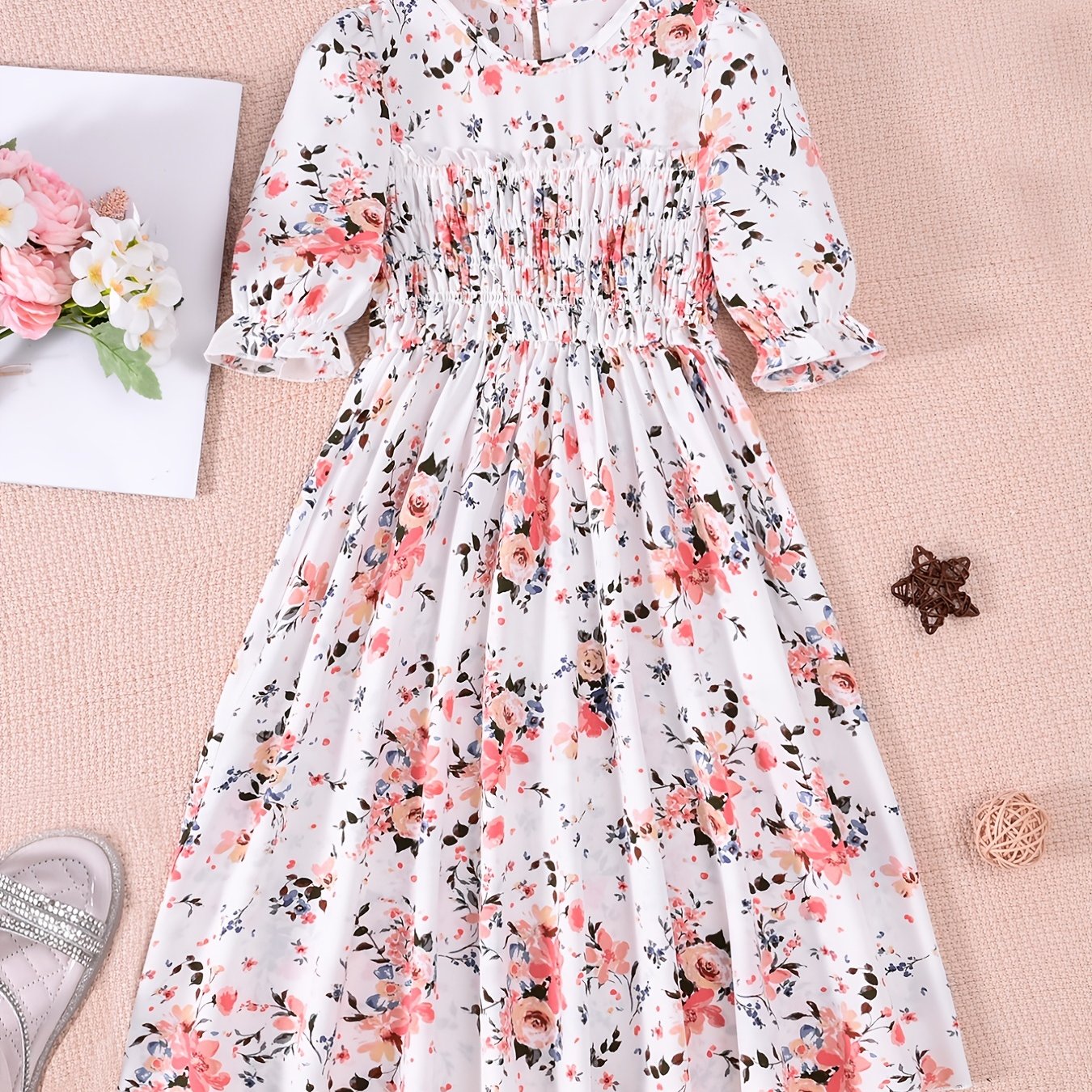 Girls Puff Sleeve Floral Dress For Party Kids Summer Clothes