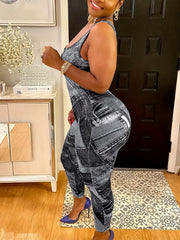 Casual Jumpsuit Denim Print Slim Fit Medium Stretch Tank Jumpsuit