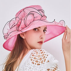 Rose Red Organza Sun Hat Mesh Flower Bridal Wedding Hat