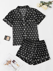 Heart Print Pajamas Set Short Sleeve Buttons Top & Shorts Women's Sleepwear