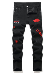 Boys Ripped Floral & Letter Print Jeans Skinny Slim Fit Denim Pants