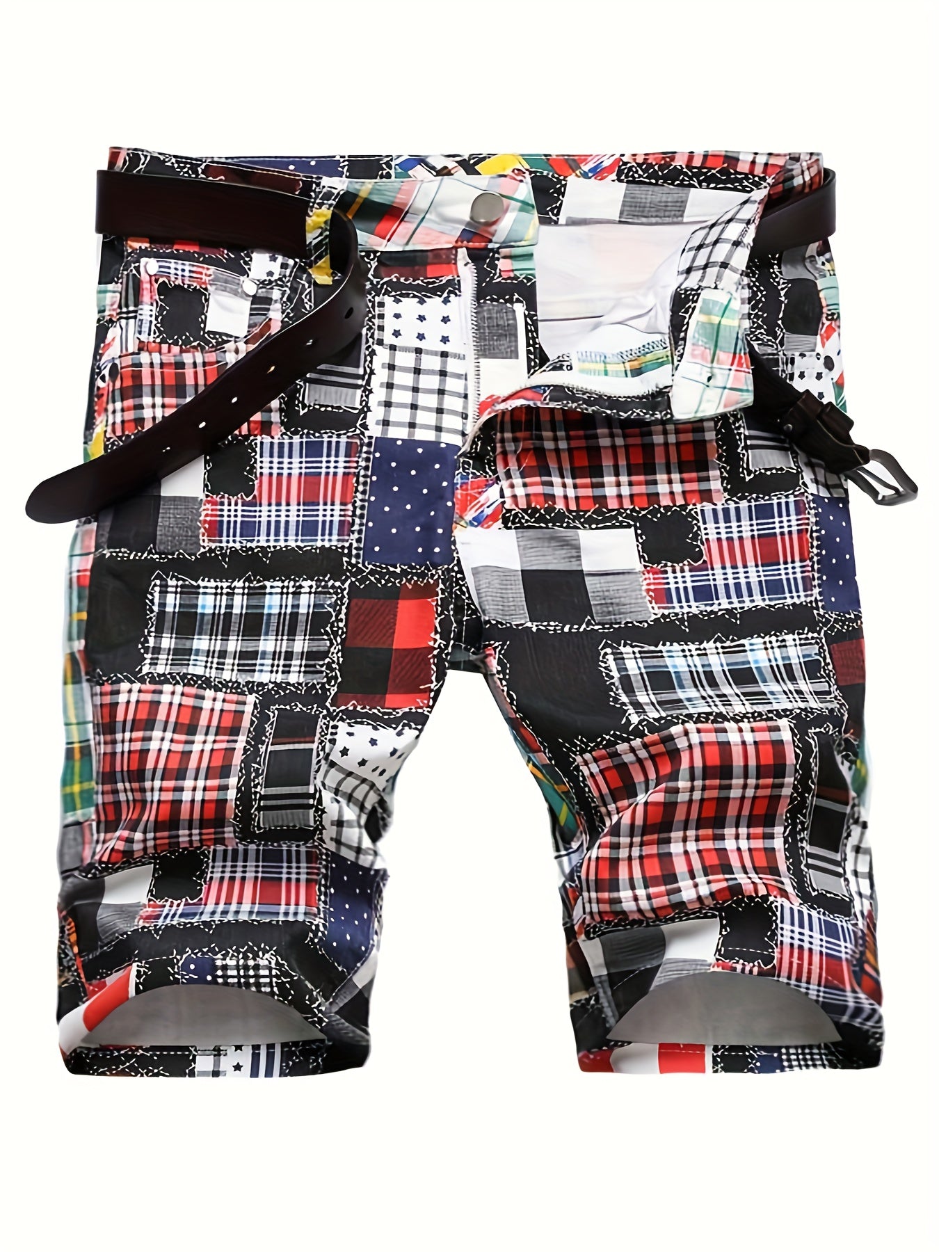 Plaid Pattern Ripped Denim Shorts Men's Street Style Slim Fit Distressed Shorts