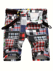 Plaid Pattern Ripped Denim Shorts Men's Street Style Slim Fit Distressed Shorts