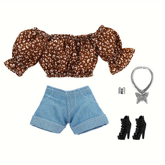 Multicolored Outfit Denim Shorts Floral Top High Heel Wristband Doll Clothes