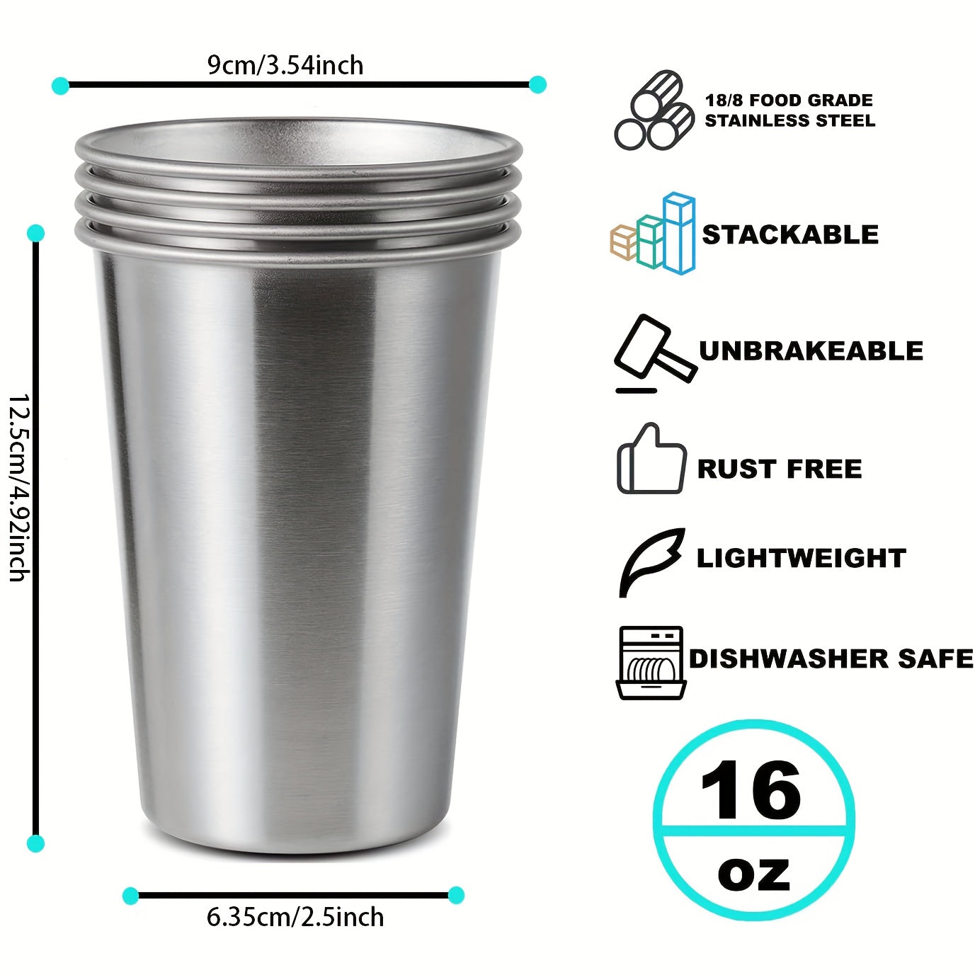 Stainless Steel Pint Cups 16oz Set of 8