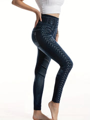 Denim Print Yoga Leggings Jeans Sports Running Tight Pants